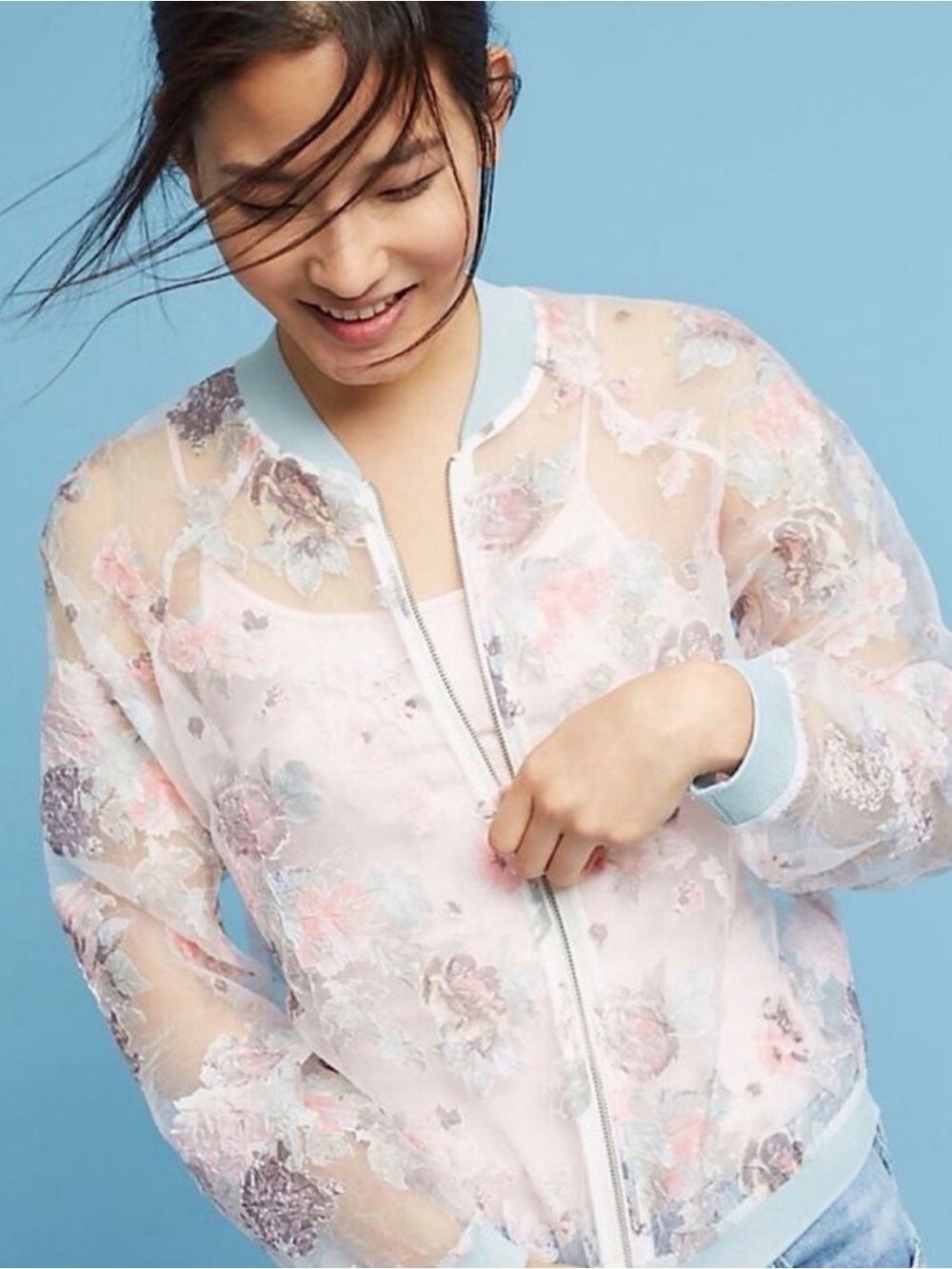 Anthropologie Maeve Sheer Floral Embroidered Bomber Jacket Light Pink Pale Blue